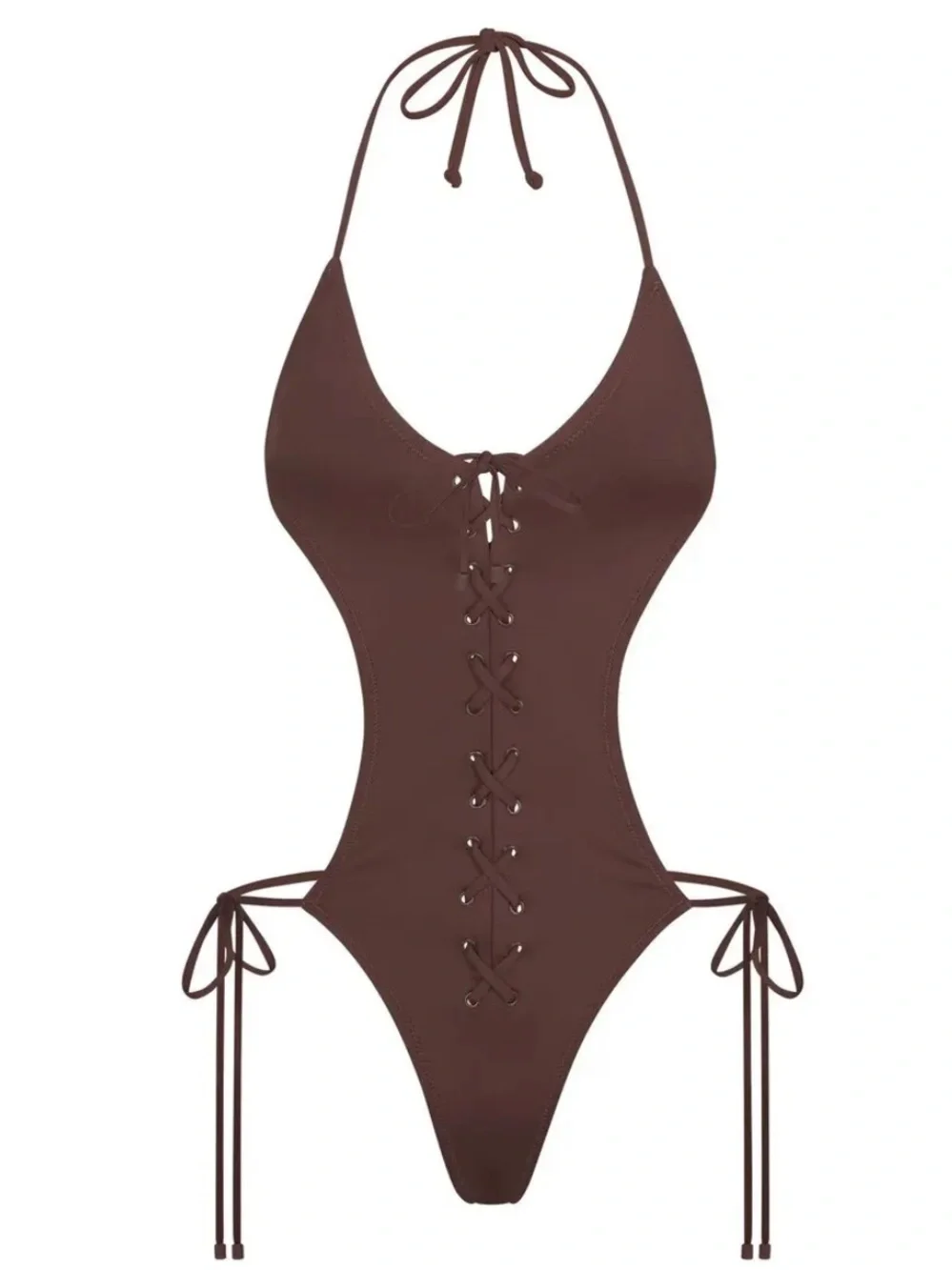 SKIMS Lace-up Monokini Brown One Piece Swimsuit, Size Large, NWT